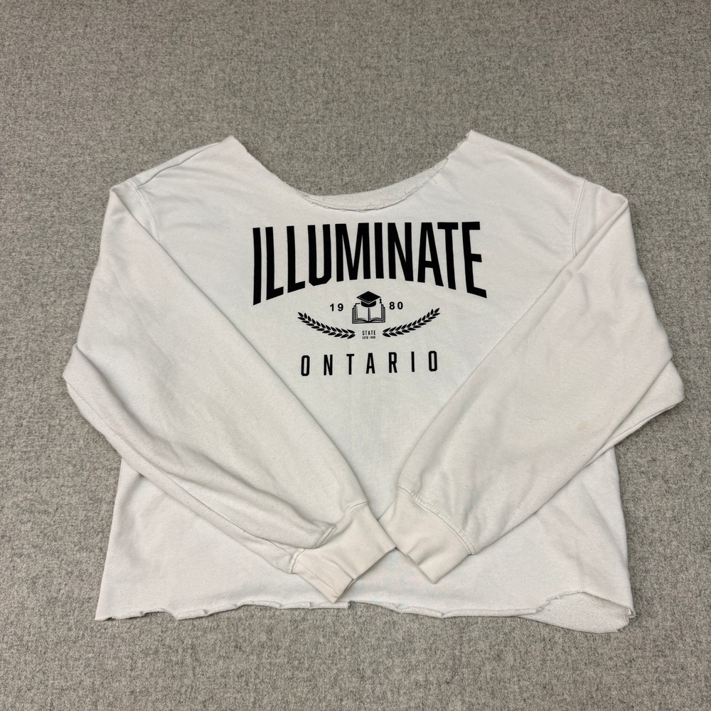 Illuminate Sweatshirt Large White Ontario Graphic Raw Hem Cropped Long Sleeve